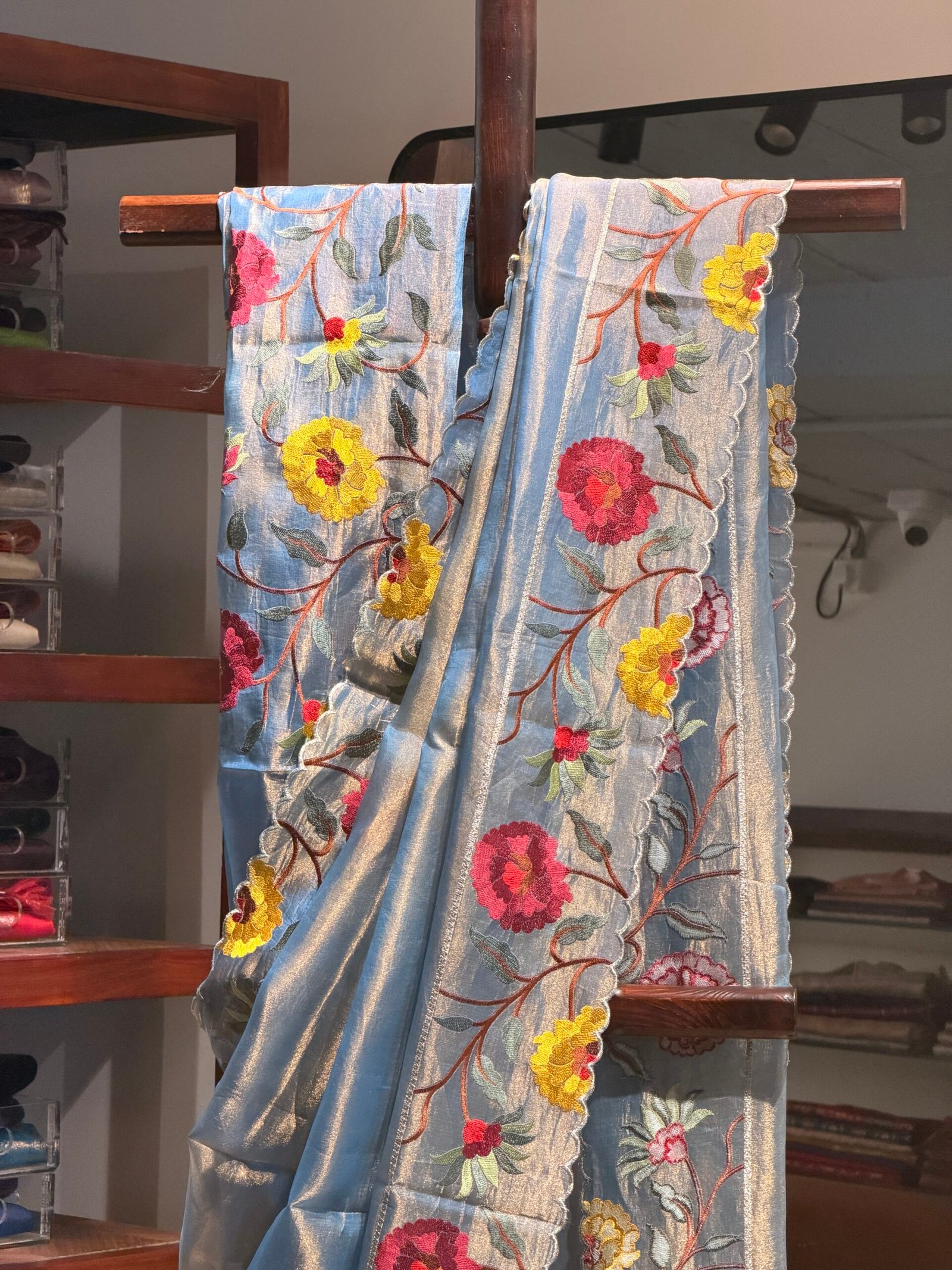 Banarasi tissue with flower embroidery voilet - Image 3