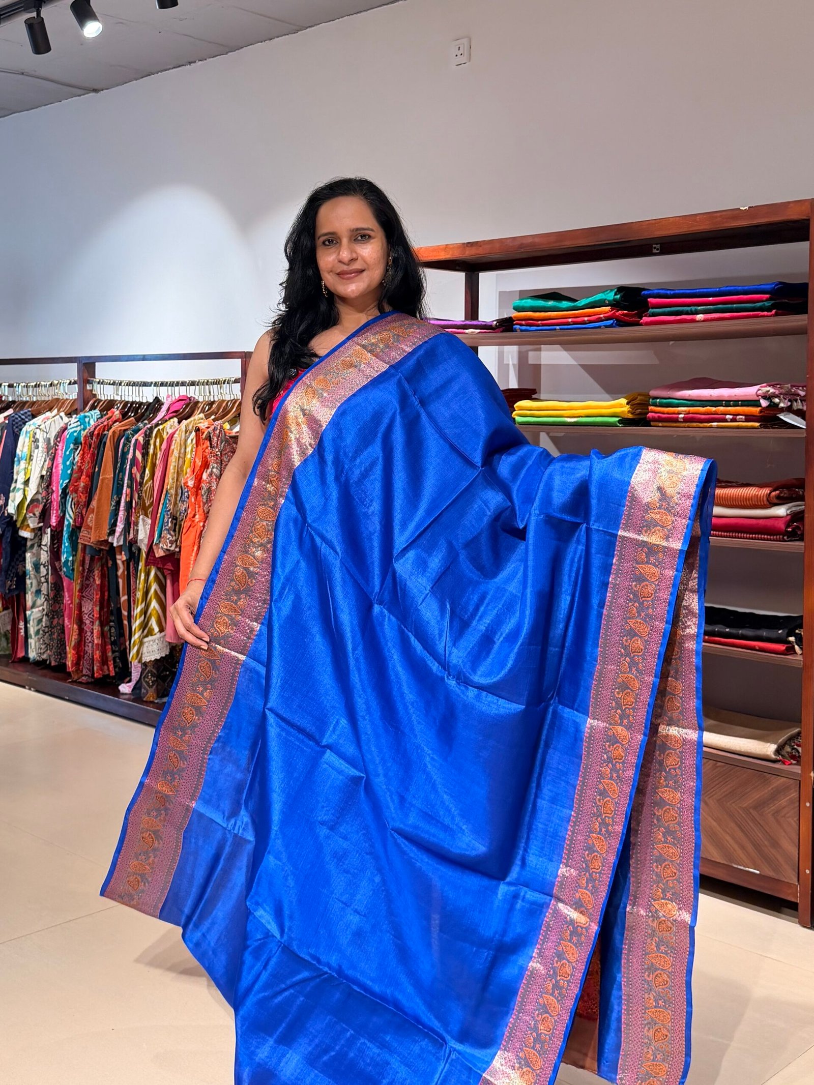 Tusser zari and thread border royal blue